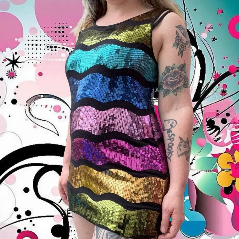 vtg y2k forever21 mcbling party girl sequin striped bodycon mini dress, sz sm